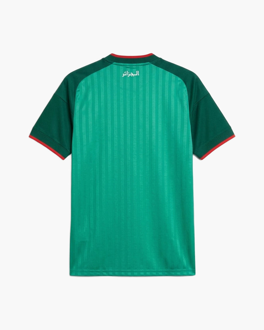 Algeria 2026 away football shirt in green with tonal pinstripes, dark green sleeves and white Arabic script at the collar, back view, blank for name and number — CRID