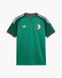 Algeria 2026 away football shirt by adidas, green with tonal pinstripes, dark green sleeves with white three stripes, white trefoil and the FAF crest, front view — CRID