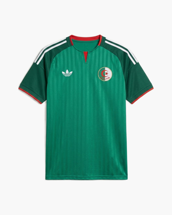 Algeria 2026 away football shirt by adidas, green with tonal pinstripes, dark green sleeves with white three stripes, white trefoil and the FAF crest, front view — CRID
