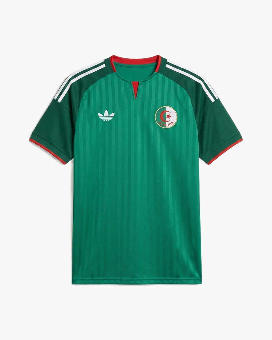 Algeria 2026 away football shirt by adidas, green with tonal pinstripes, dark green sleeves with white three stripes, white trefoil and the FAF crest, front view — CRID