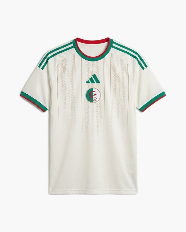 Algeria 2026 home football shirt by adidas, off-white with a sand geometric pattern, green three stripes and the FAF crest centred under the green adidas logo, front view — CRID