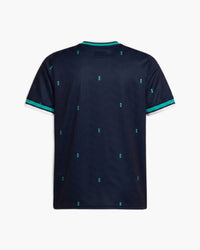 Germany 2026 away football shirt in navy with turquoise diamonds, back view, blank for name and number — CRID