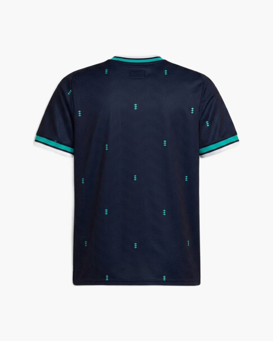 Germany 2026 away football shirt in navy with turquoise diamonds, back view, blank for name and number — CRID
