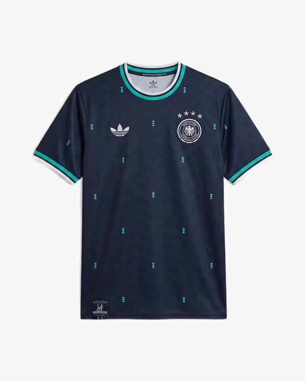 Germany 2026 away football shirt by adidas Originals, navy with turquoise diamonds, the DFB crest with four stars and the trefoil, front view — CRID