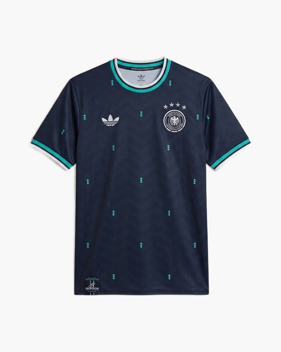 Germany 2026 away football shirt by adidas Originals, navy with turquoise diamonds, the DFB crest with four stars and the trefoil, front view — CRID