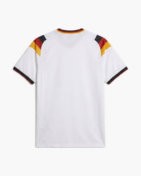 Germany 2026 home football shirt in white with black, red and gold shoulder panels, back view, blank for name and number — CRID