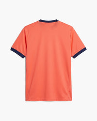 Germany 2026 goalkeeper football shirt in coral with navy cuffs, back view, blank for name and number — CRID