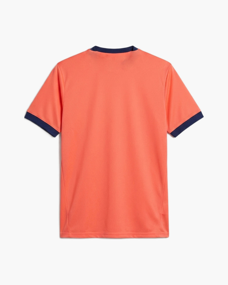 Germany 2026 goalkeeper football shirt in coral with navy cuffs, back view, blank for name and number — CRID
