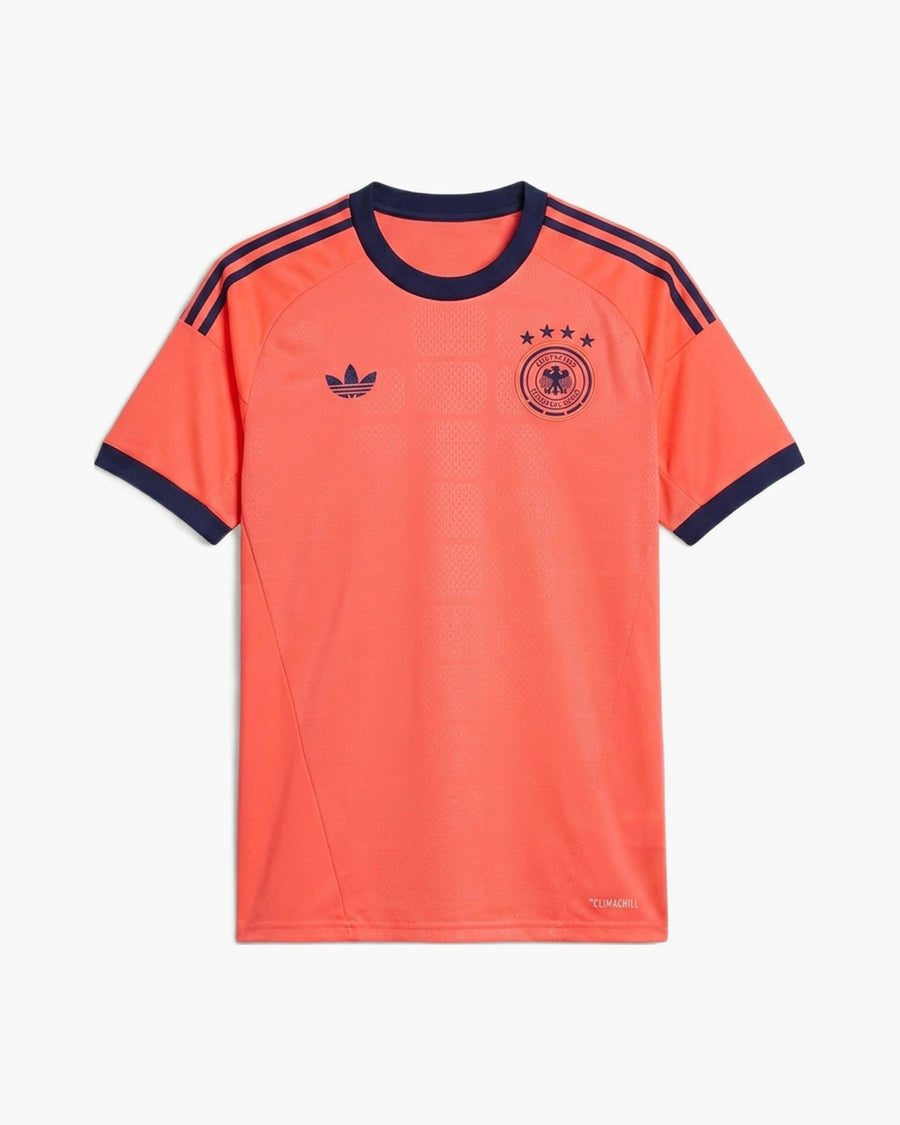 Germany 2026 goalkeeper football shirt by adidas Originals, coral with navy trim, the DFB crest with four stars and the trefoil, front view — CRID