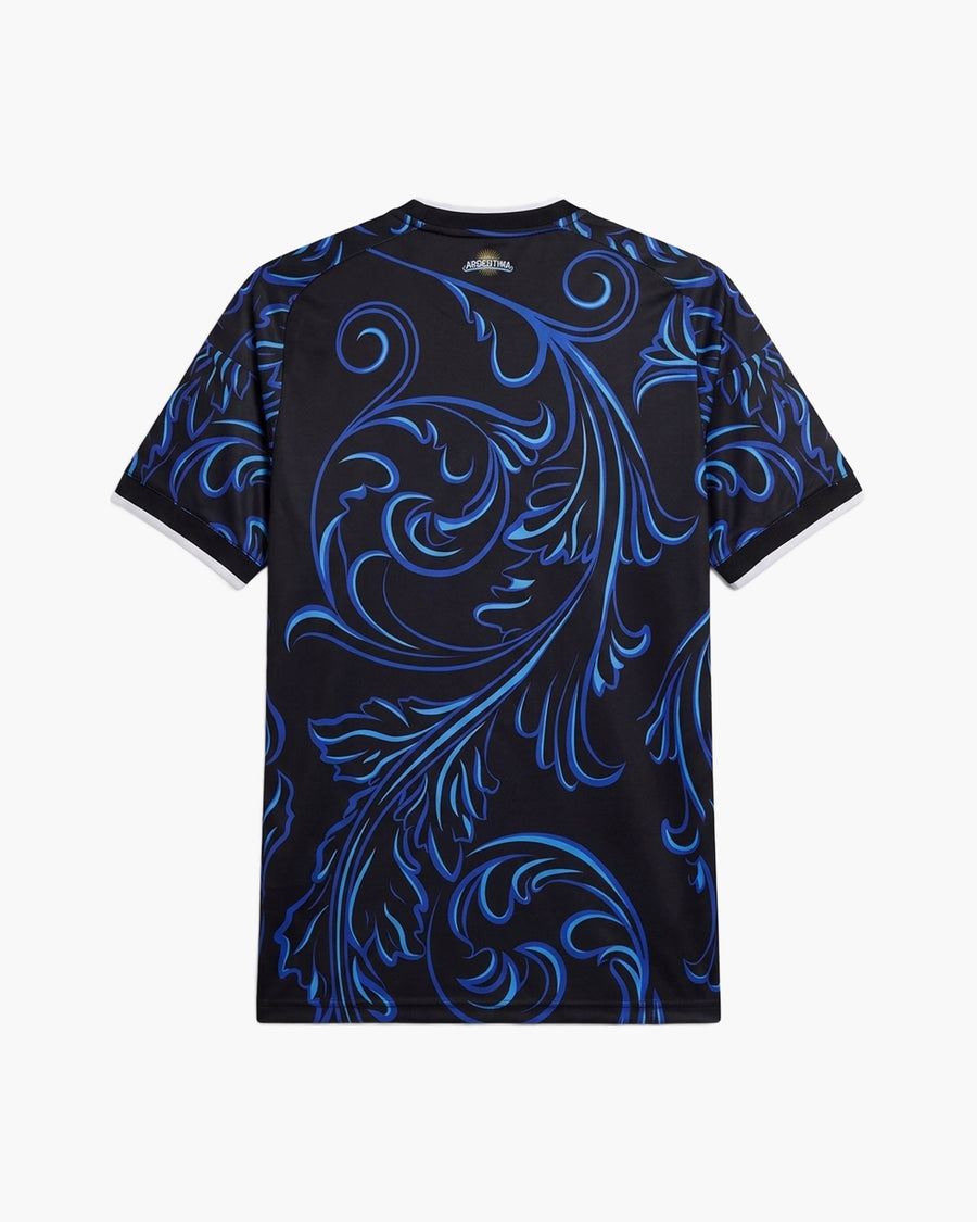 Argentina 2026 away football shirt in black and blue, back view, blank for name and number — CRID