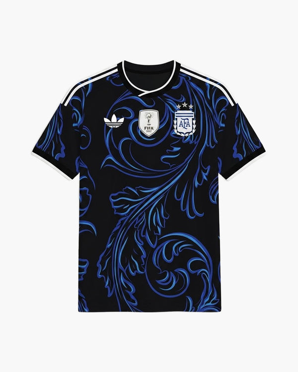Argentina 2026 away football shirt by adidas, black with a blue baroque scroll print, the AFA crest with three stars, the FIFA World Champions badge and the adidas trefoil, front view — CRID