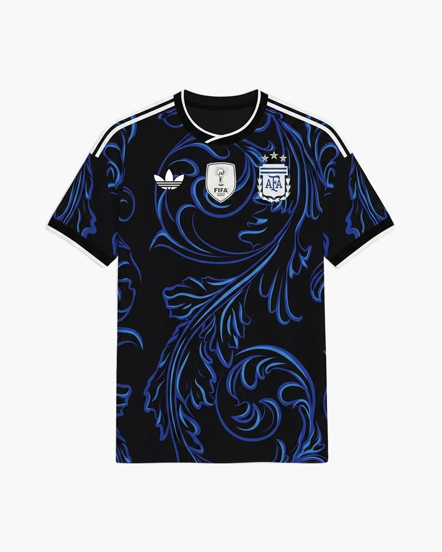 Argentina 2026 away football shirt by adidas, black with a blue baroque scroll print, the AFA crest with three stars, the FIFA World Champions badge and the adidas trefoil, front view — CRID