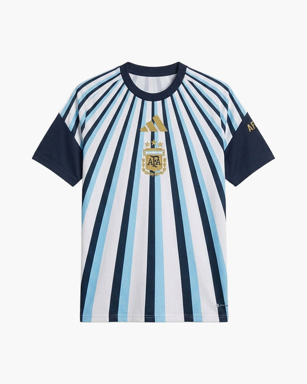 Argentina 2026 pre-match football shirt by adidas, white with light-blue and navy sunburst stripes, navy sleeves, the gold adidas logo and the gold AFA crest with three stars, front view — CRID
