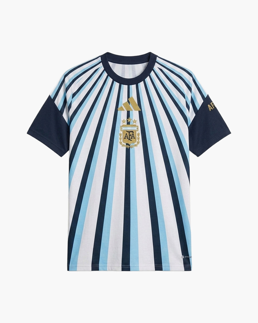 Argentina 2026 pre-match football shirt by adidas, white with light-blue and navy sunburst stripes, navy sleeves, the gold adidas logo and the gold AFA crest with three stars, front view — CRID