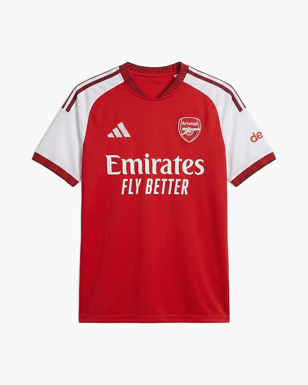 Arsenal 2026/27 home football shirt by adidas, scarlet red with white raglan sleeves and dark red three stripes, the adidas logo, the Arsenal cannon crest and the Emirates Fly Better wordmark, front view — CRID