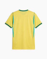 Brazil 2026 home football shirt in yellow with green side panels, back view, blank for name and number — CRID