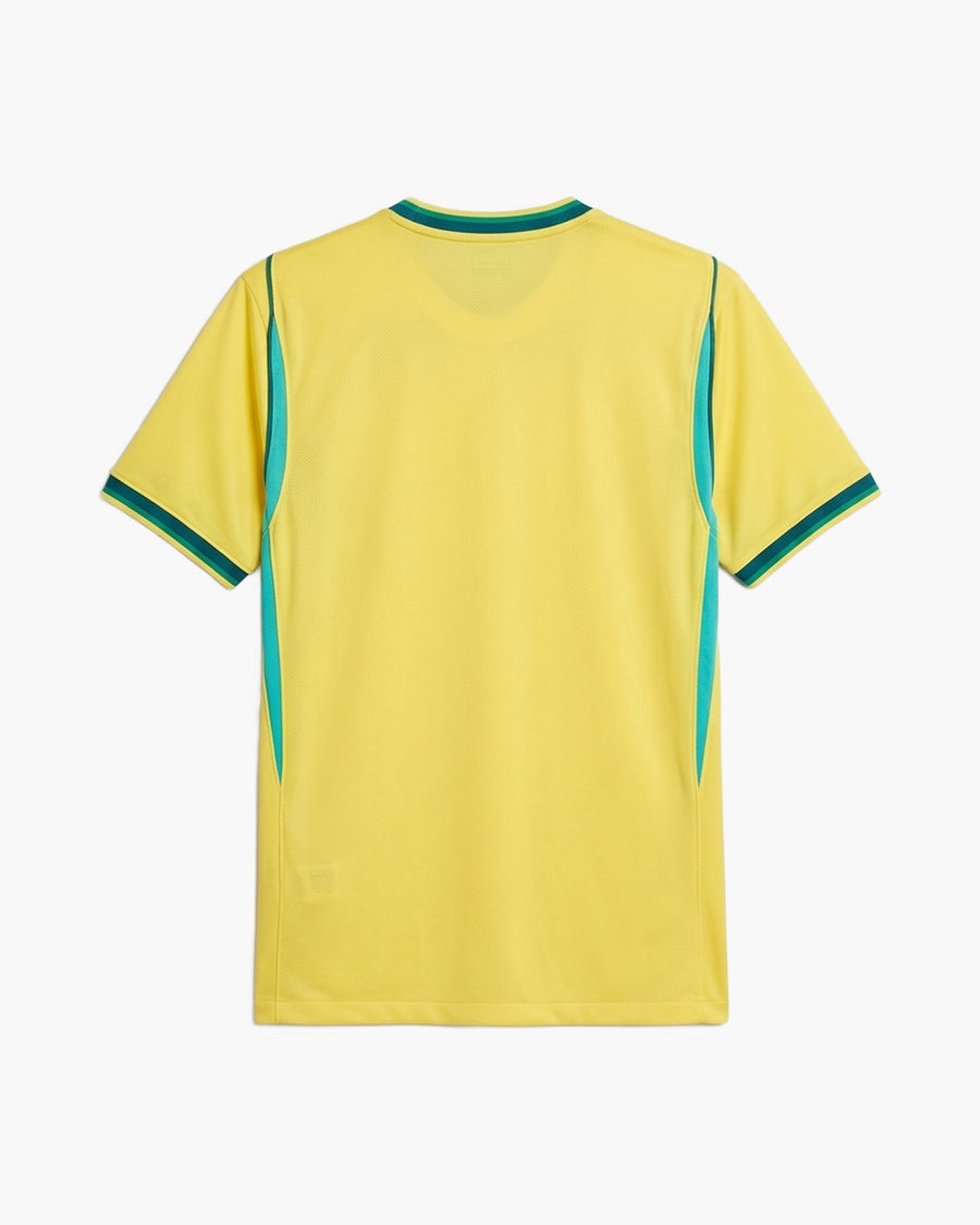 Brazil 2026 home football shirt in yellow with green side panels, back view, blank for name and number — CRID