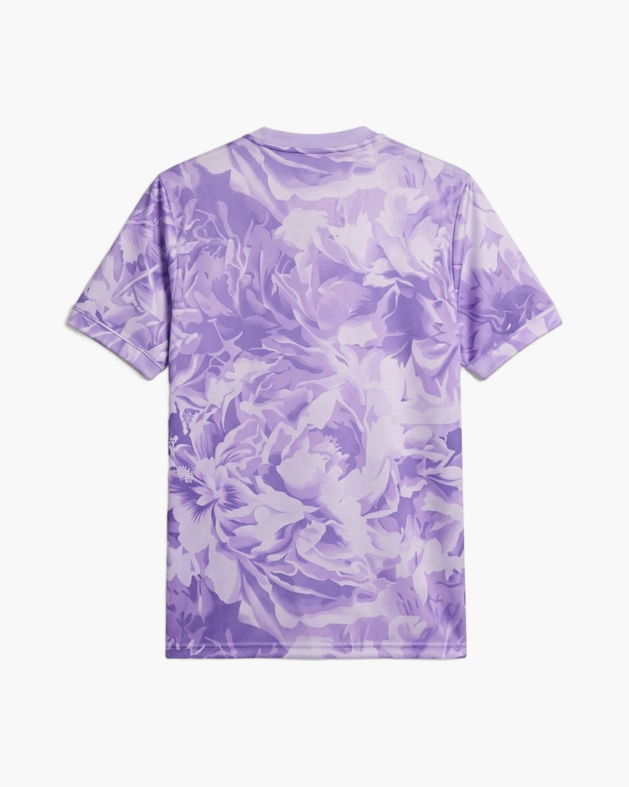 South Korea 2026 away football shirt in lilac purple with a peony print and lime piping, back view, blank for name and number — CRID
