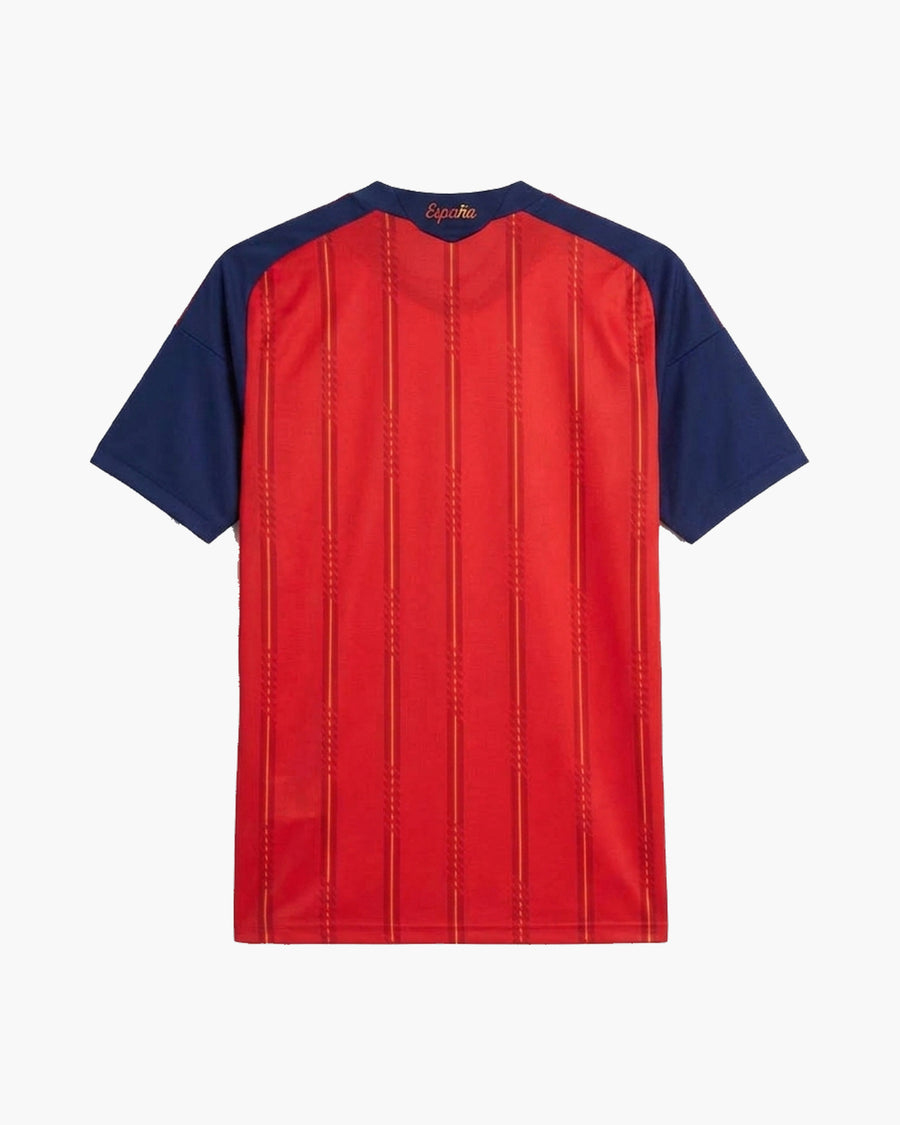 Spain 2026 home football shirt in red with gold pinstripes, back view, blank for name and number — CRID