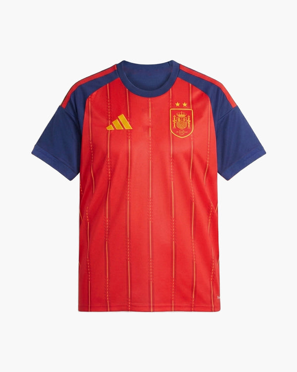 Spain 2026 home football shirt in red with gold pinstripes and navy sleeves, RFEF crest, front view — CRID