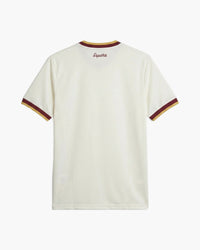Spain 2026 away football shirt in off white with burgundy and gold trim, back view, blank for name and number — CRID