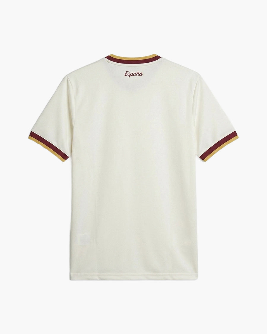 Spain 2026 away football shirt in off white with burgundy and gold trim, back view, blank for name and number — CRID