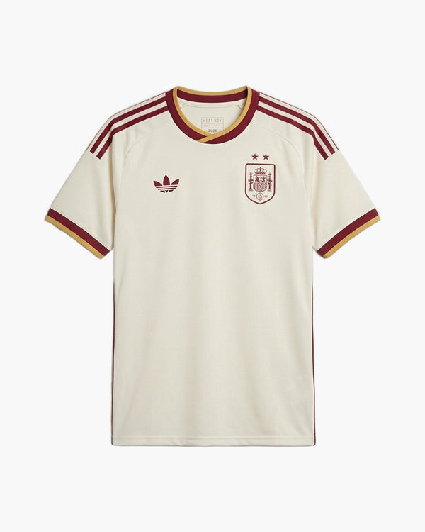 Spain 2026 away football shirt in off white with burgundy and gold trim, adidas Originals trefoil and RFEF crest, front view — CRID