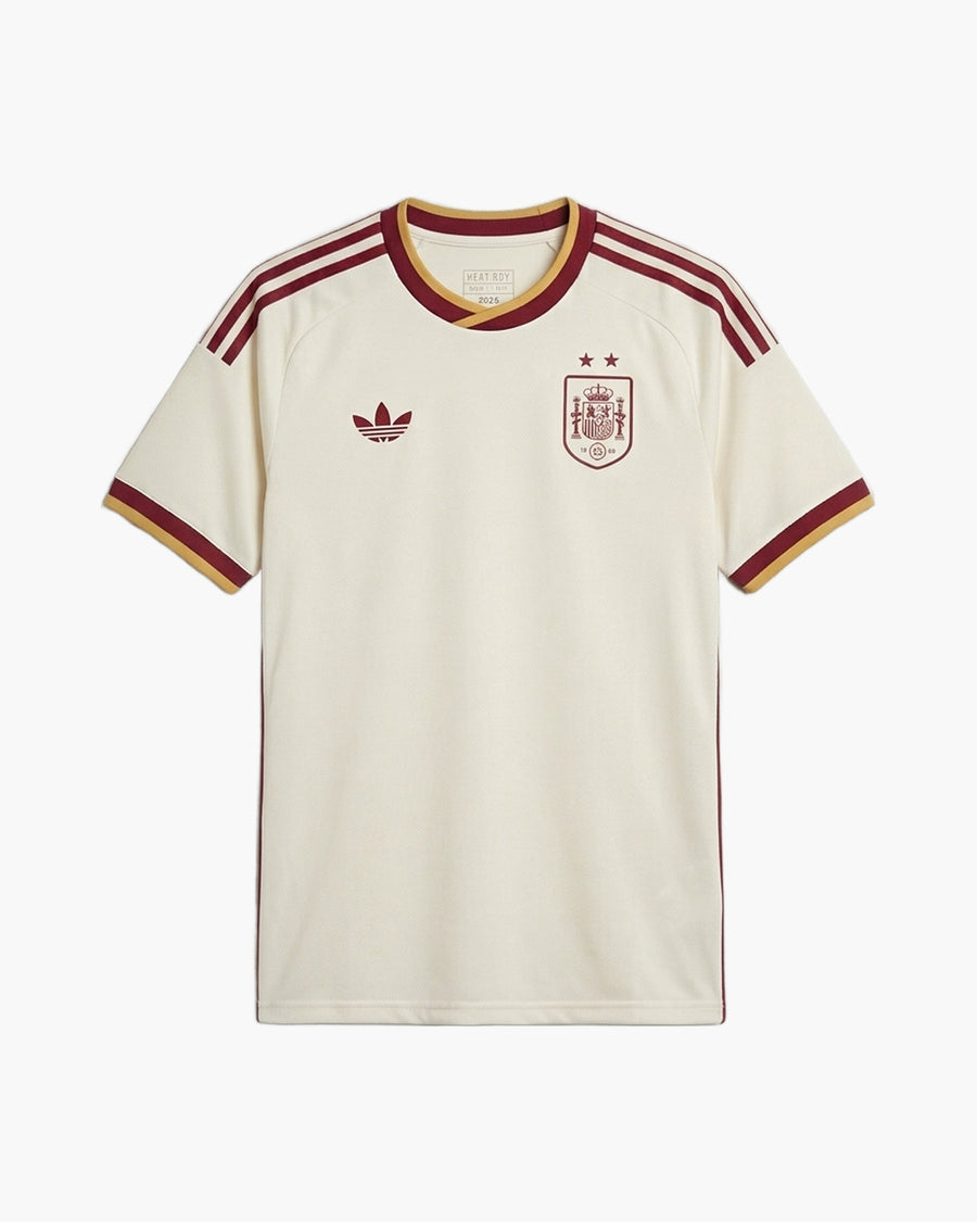 Spain 2026 away football shirt in off white with burgundy and gold trim, adidas Originals trefoil and RFEF crest, front view — CRID