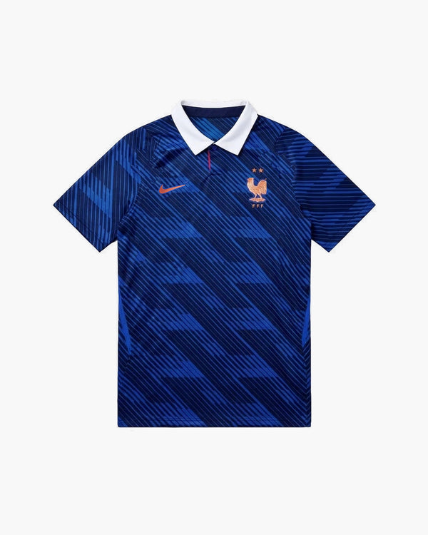France 2026 home football shirt, blue chevron pattern with FFF crest, front view — CRID