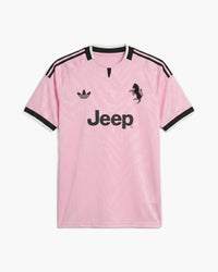 Juventus 2026/27 away football shirt by adidas Originals, pink with a tonal jacquard, black three stripes edged in cream, black trefoil, the club’s rearing horse and the Jeep wordmark, front view — CRID