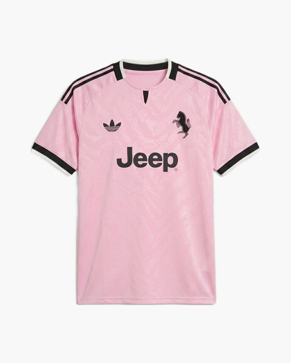 Juventus 2026/27 away football shirt by adidas Originals, pink with a tonal jacquard, black three stripes edged in cream, black trefoil, the club’s rearing horse and the Jeep wordmark, front view — CRID
