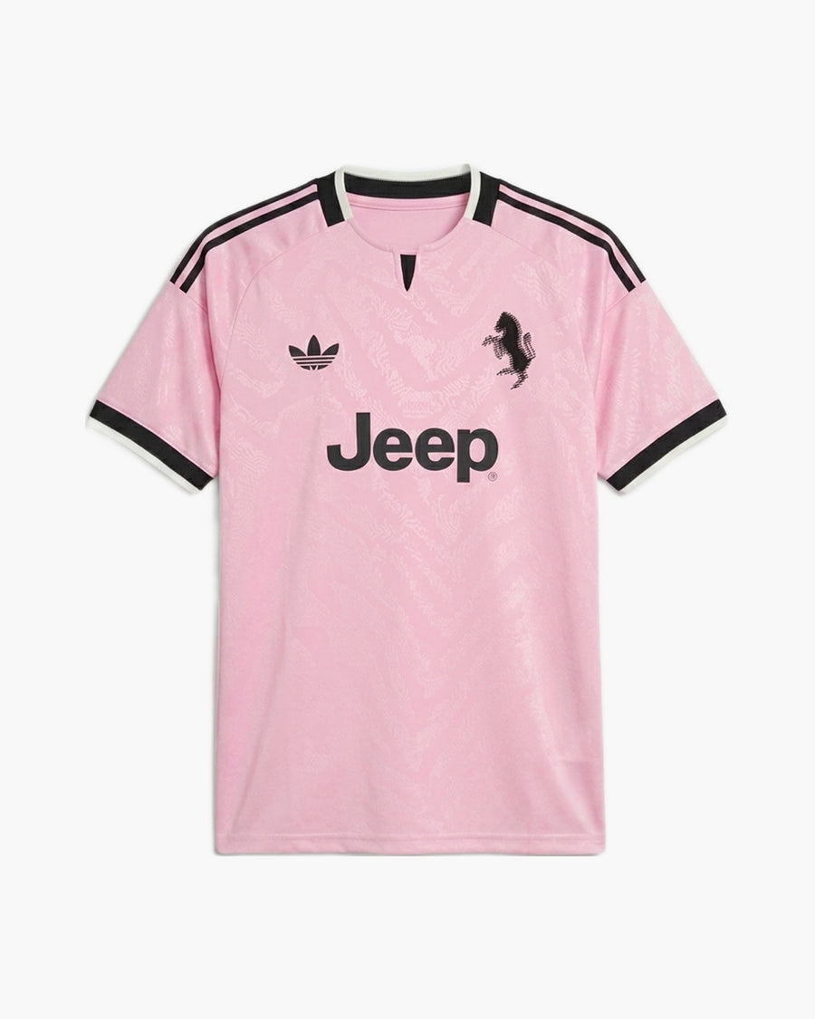 Juventus 2026/27 away football shirt by adidas Originals, pink with a tonal jacquard, black three stripes edged in cream, black trefoil, the club’s rearing horse and the Jeep wordmark, front view — CRID