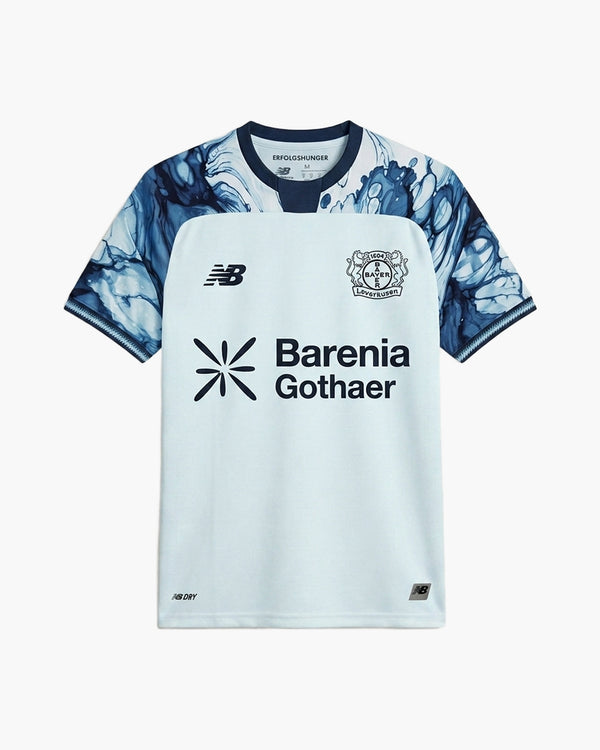 Bayer 04 Leverkusen 2026/27 away football shirt, white with a blue marble print on the shoulders and sleeves and the TSV club badge, front view — CRID