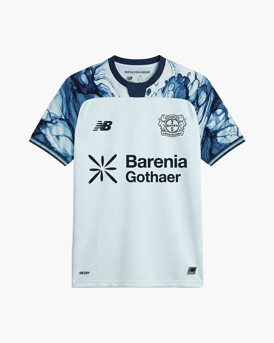 Bayer 04 Leverkusen 2026/27 away football shirt, white with a blue marble print on the shoulders and sleeves and the TSV club badge, front view — CRID