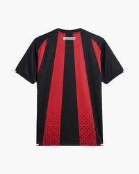 Bayer 04 Leverkusen 2026/27 home football shirt in black and red, back view, blank for name and number — CRID