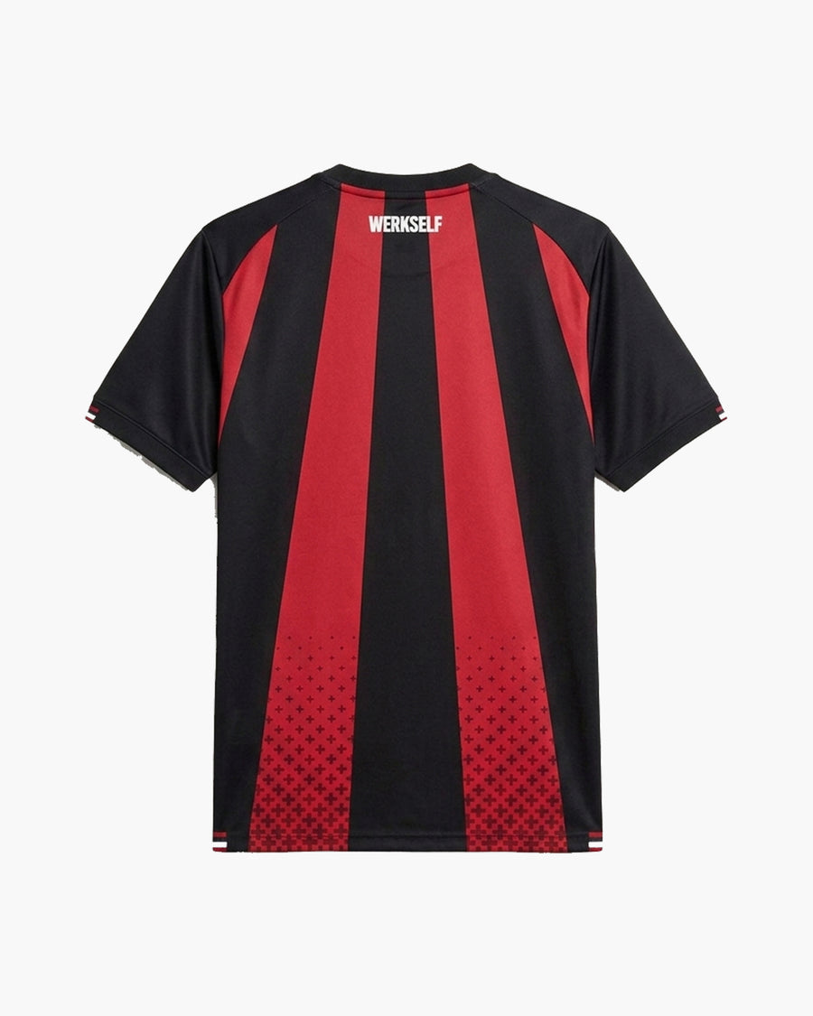 Bayer 04 Leverkusen 2026/27 home football shirt in black and red, back view, blank for name and number — CRID