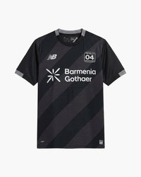 Bayer 04 Leverkusen 2026/27 fourth football shirt, all black with diagonal bands and the TSV club badge, front view — CRID