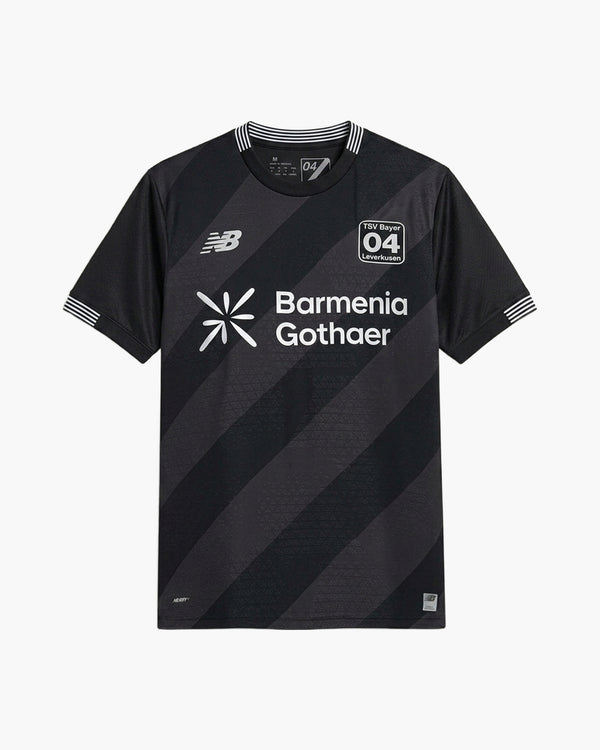 Bayer 04 Leverkusen 2026/27 fourth football shirt, all black with diagonal bands and the TSV club badge, front view — CRID