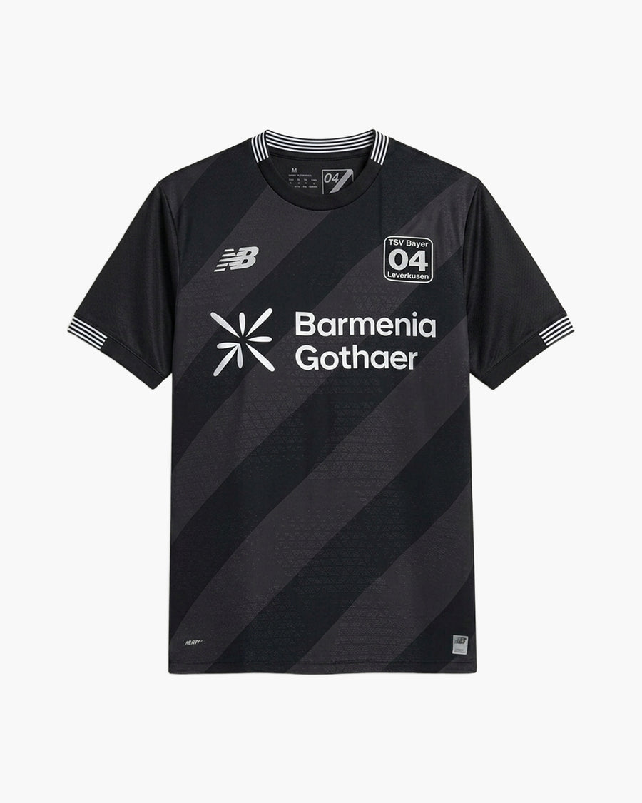 Bayer 04 Leverkusen 2026/27 fourth football shirt, all black with diagonal bands and the TSV club badge, front view — CRID