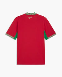 Morocco 2026 home football shirt in red and gold, back view, blank for name and number — CRID