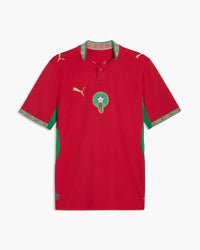 Morocco 2026 home football shirt in red and gold with the FRMF crest, front view — CRID
