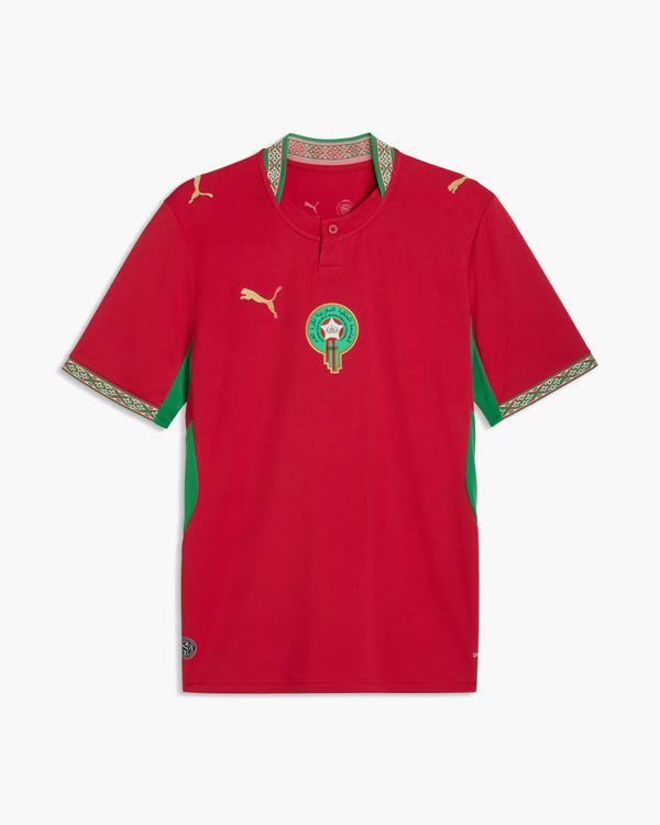 Morocco 2026 home football shirt in red and gold with the FRMF crest, front view — CRID