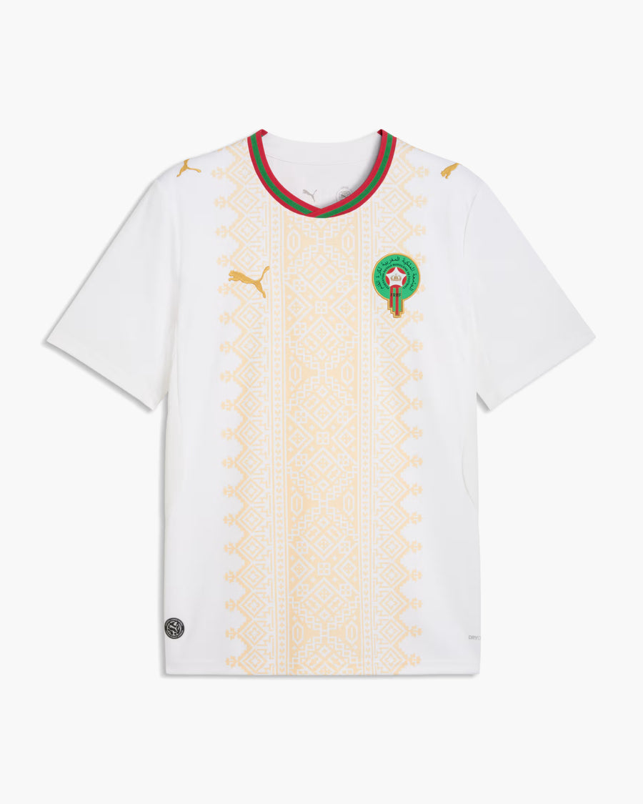 Morocco 2026 away football shirt in white and gold with the FRMF crest, front view — CRID