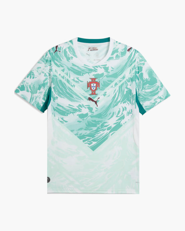 Portugal 2026 away football shirt in white and lagoon green with the FPF crest, front view — CRID