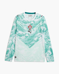 Portugal 2026 long sleeve away football shirt in white and lagoon green with the FPF crest, front view — CRID