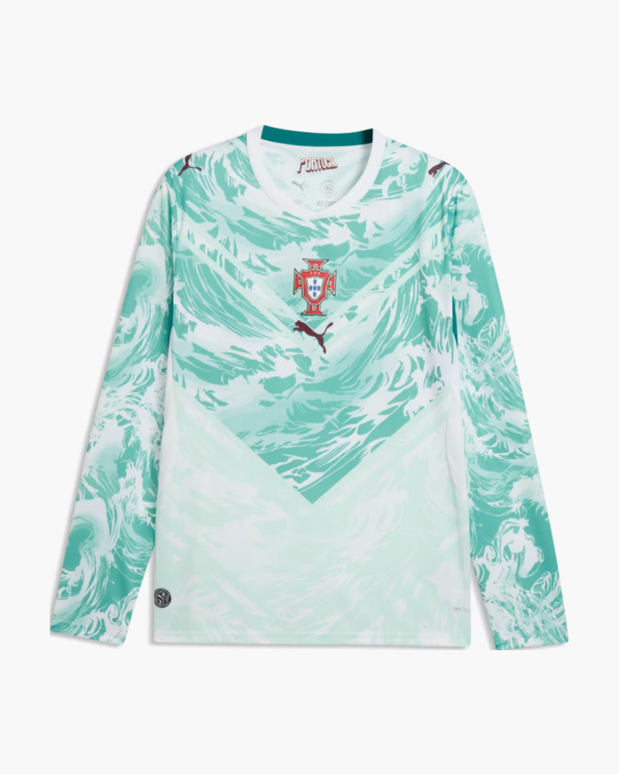 Portugal 2026 long sleeve away football shirt in white and lagoon green with the FPF crest, front view — CRID