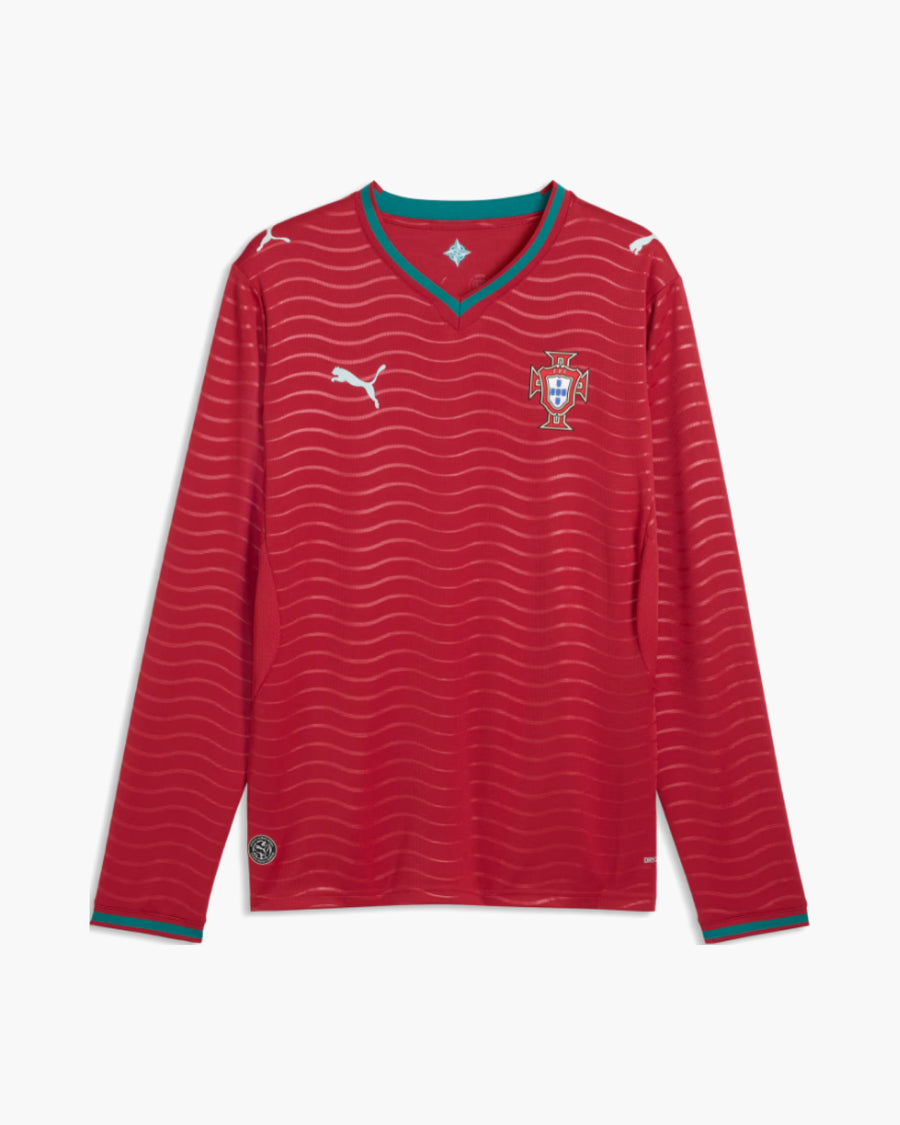 Camiseta Portugal 2026 primera equipación manga larga roja con escudo FPF, vista frontal — CRID
