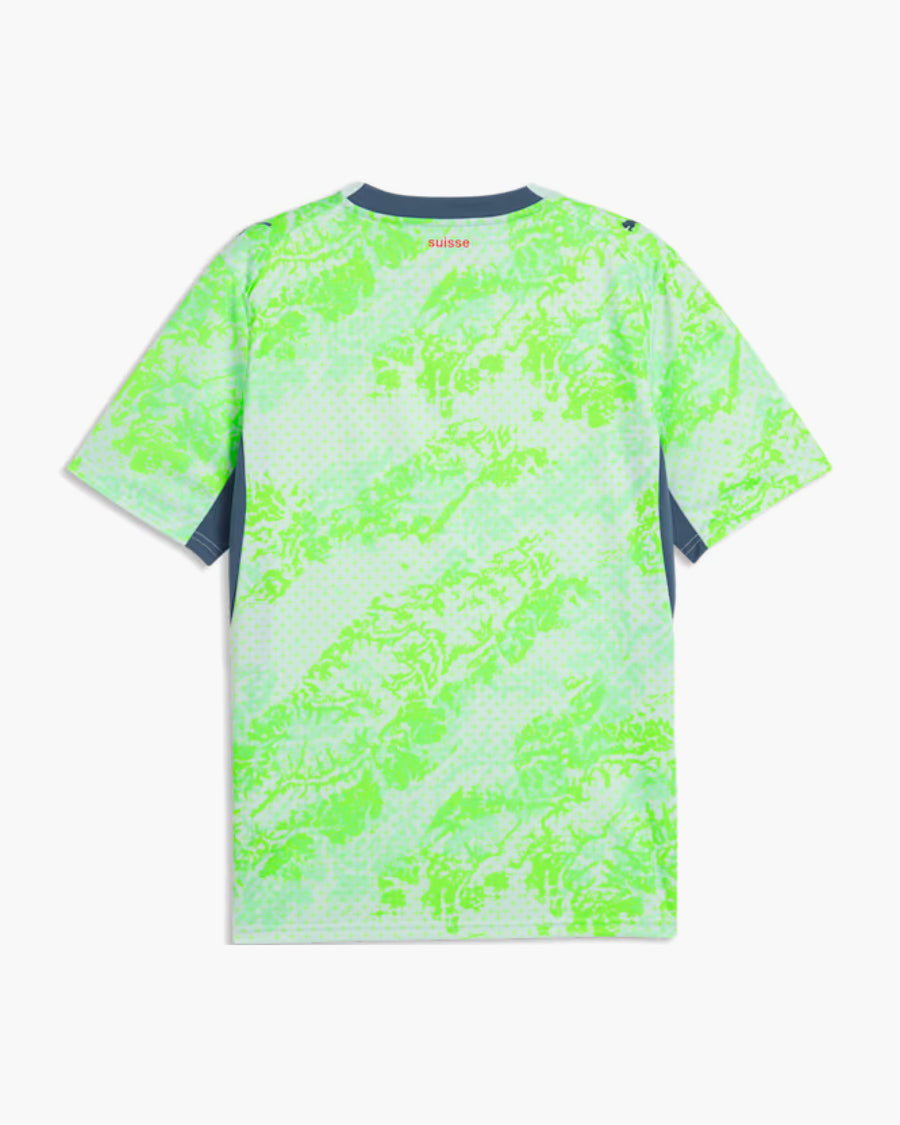 Switzerland 2026 away football shirt in green, back view, blank for name and number — CRID