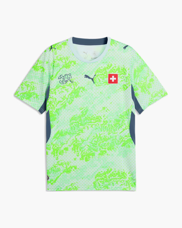 Switzerland 2026 away football shirt, sea-glass green with a bright green topographic print, dark indigo side panels, the ASF/SFV crest and the Swiss cross, front view — CRID
