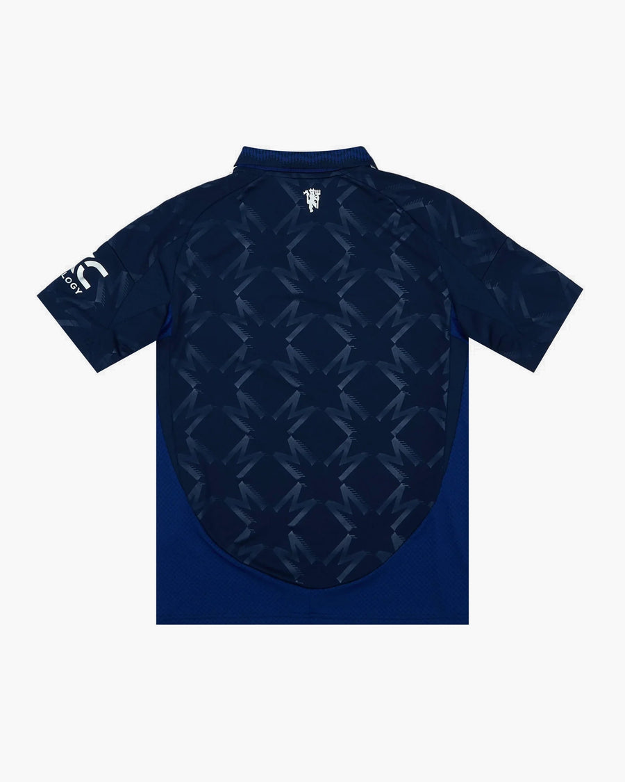 Manchester United hand-embroidered football shirt in navy / blue, back view — CRID